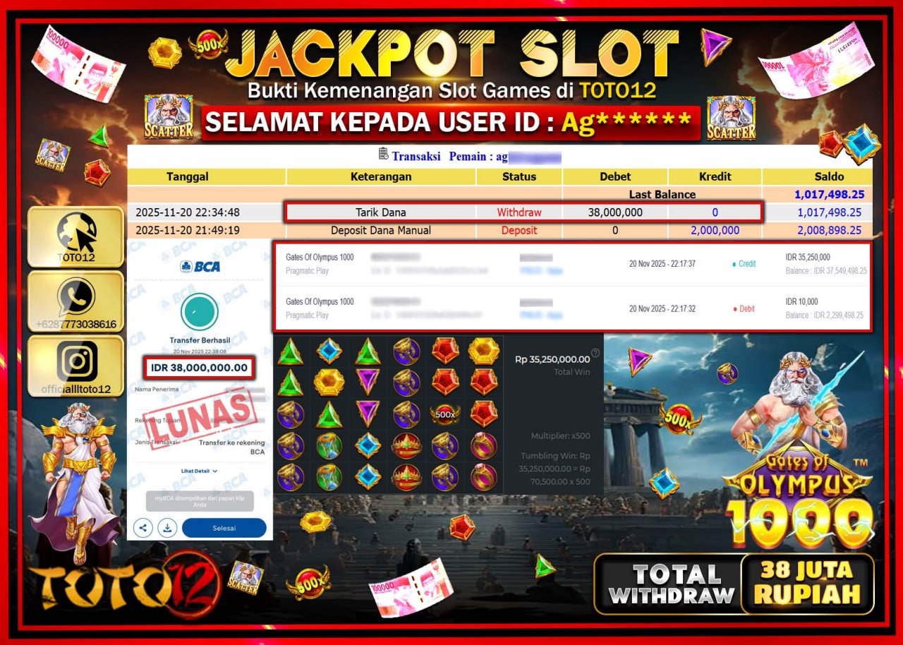 HANYA DI TOTO12 JP PASTI DI BAYAR LUNAS DAN CEPAT!!!!!! JACKPOT SLOT GAME (GATES OF OLYMPUS 1000) Rp.38.000.000 !!!!
