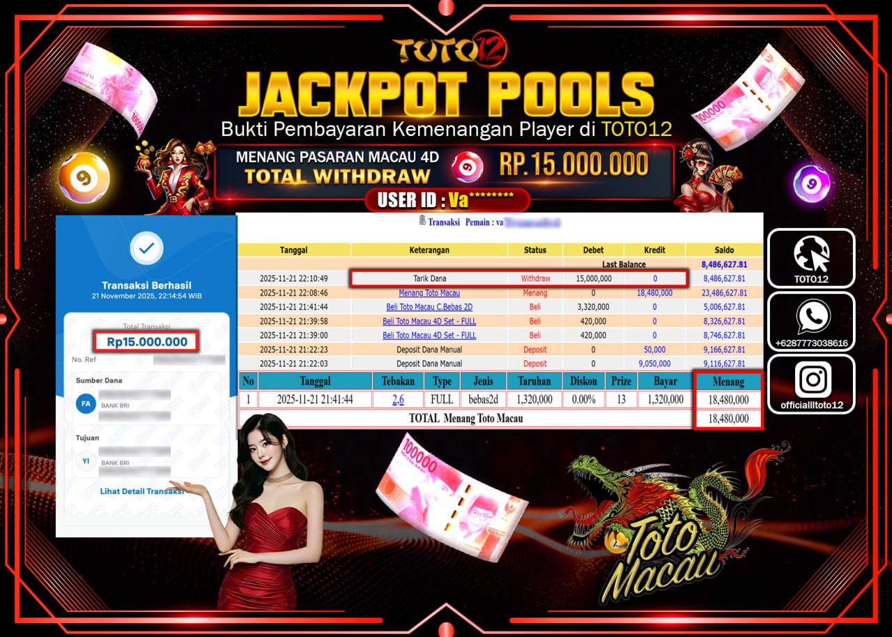 HANYA DI TOTO12 JP PASTI DI BAYAR LUNAS DAN CEPAT!!!!!! JACKPOT POOLS PASARAN (MACAU 4D) Rp.15.000.000 !!!!