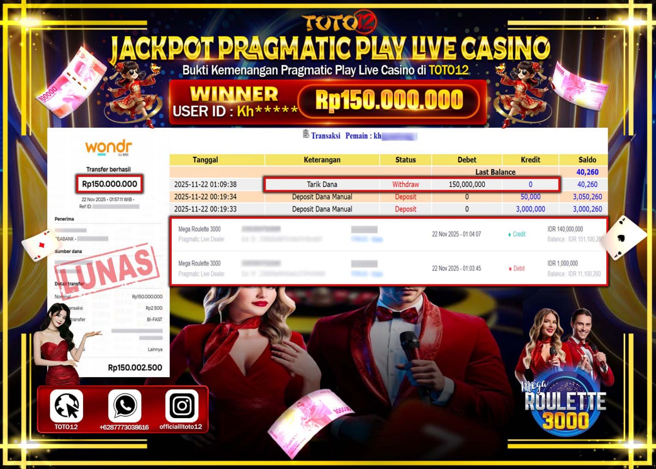 HANYA DI TOTO12 JP PASTI DI BAYAR LUNAS DAN CEPAT!!!!!! JACKPOT PRAGMATIC PLAY LIVE CASINO (ROULETTE 3000) Rp.150.000.000 !!!!