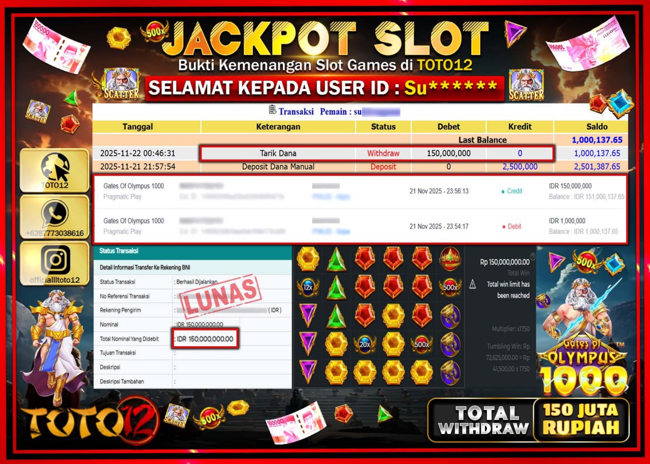 HANYA DI TOTO12 JP PASTI DI BAYAR LUNAS DAN CEPAT!!!!!! JACKPOT SLOT GAME (GATES OF OLYMPUS 1000) Rp.150.000.000 !!!!