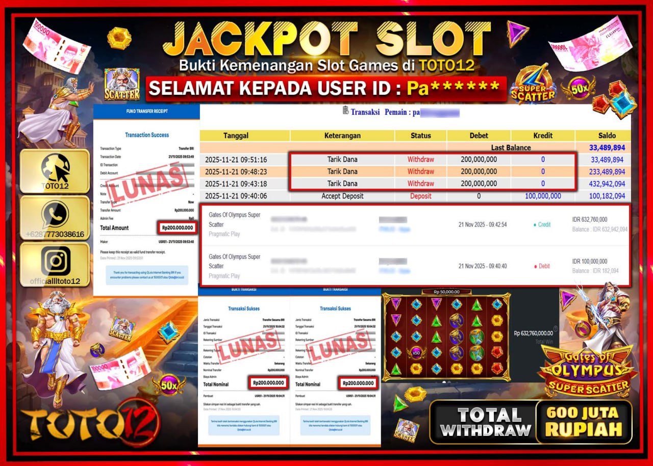 HANYA DI TOTO12 JP PASTI DI BAYAR LUNAS DAN CEPAT!!!!!! JACKPOT SLOT GAME (GATES OF OLYMPUS SUPER SCATTER) Rp.600.000.000 !!!!