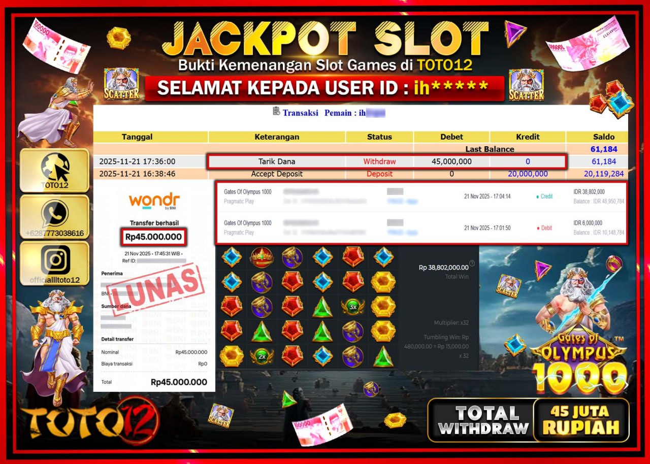HANYA DI TOTO12 JP PASTI DI BAYAR LUNAS DAN CEPAT!!!!!! JACKPOT SLOT GAME (GATES OF OLYMPUS 1000) Rp.45.000.000 !!!!