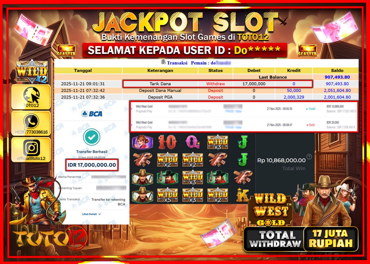 HANYA DI TOTO12 JP PASTI DI BAYAR LUNAS DAN CEPAT!!!!!! JACKPOT SLOT GAME (WILD WEST GOLD) Rp.17.000.000 !!!!