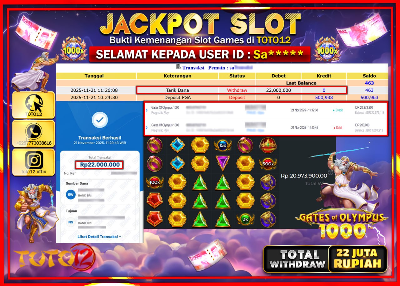 HANYA DI TOTO12 JP PASTI DI BAYAR LUNAS DAN CEPAT!!!!!! JACKPOT SLOT GAME (GATES OF OLYMPUS 1000) Rp.22.000.000 !!!!