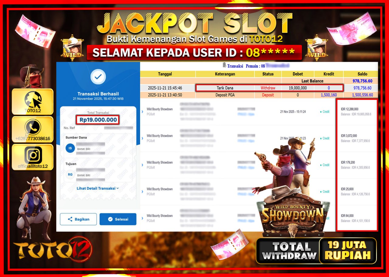 HANYA DI TOTO12 JP PASTI DI BAYAR LUNAS DAN CEPAT!!!!!! JACKPOT SLOT GAME (WILD BOUNTY SHOWDOWN) Rp.19.000.000 !!!!
