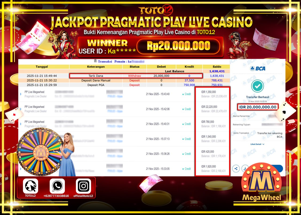 HANYA DI TOTO12 JP PASTI DI BAYAR LUNAS DAN CEPAT!!!!!! JACKPOT PRAGMATIC PLAY LIVE CASINO (MEGA WHEEL) Rp.20.000.000 !!!!