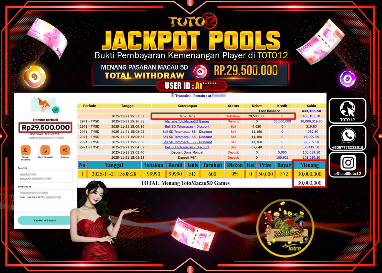 HANYA DI TOTO12 JP PASTI DI BAYAR LUNAS DAN CEPAT!!!!!! JACKPOT POOLS PASARAN (MACAU 5D) Rp.29.500.000 !!!!