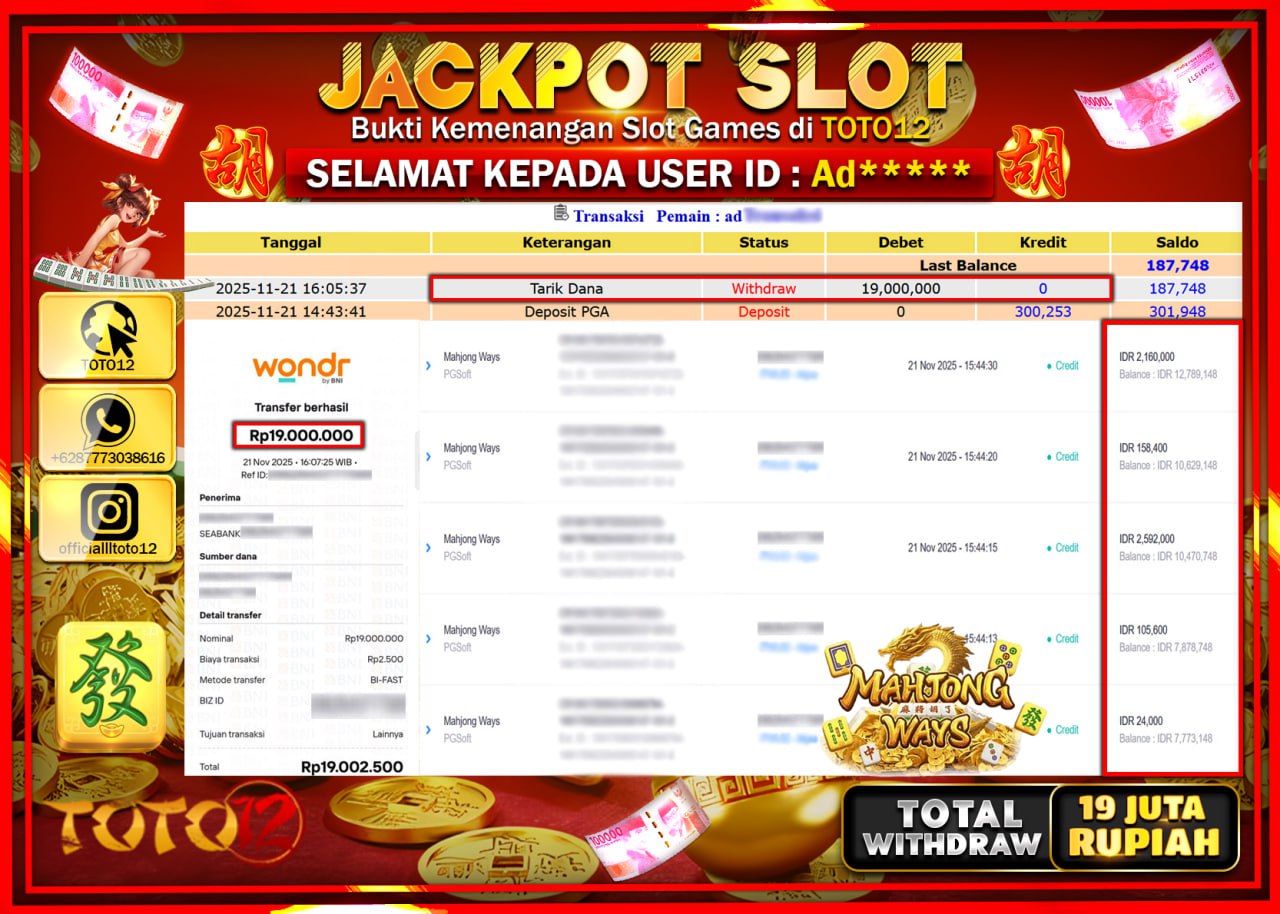 HANYA DI TOTO12 JP PASTI DI BAYAR LUNAS DAN CEPAT!!!!!! JACKPOT SLOT GAME (MAHJONG WAYS) Rp.19.000.000 !!!!
