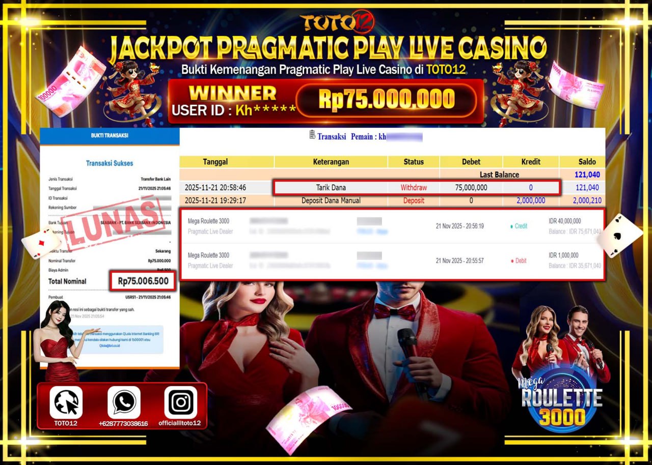 HANYA DI TOTO12 JP PASTI DI BAYAR LUNAS DAN CEPAT!!!!!! JACKPOT PRAGMATIC PLAY LIVE CASINO (ROULETTE 3000) Rp.75.000.000 !!!!