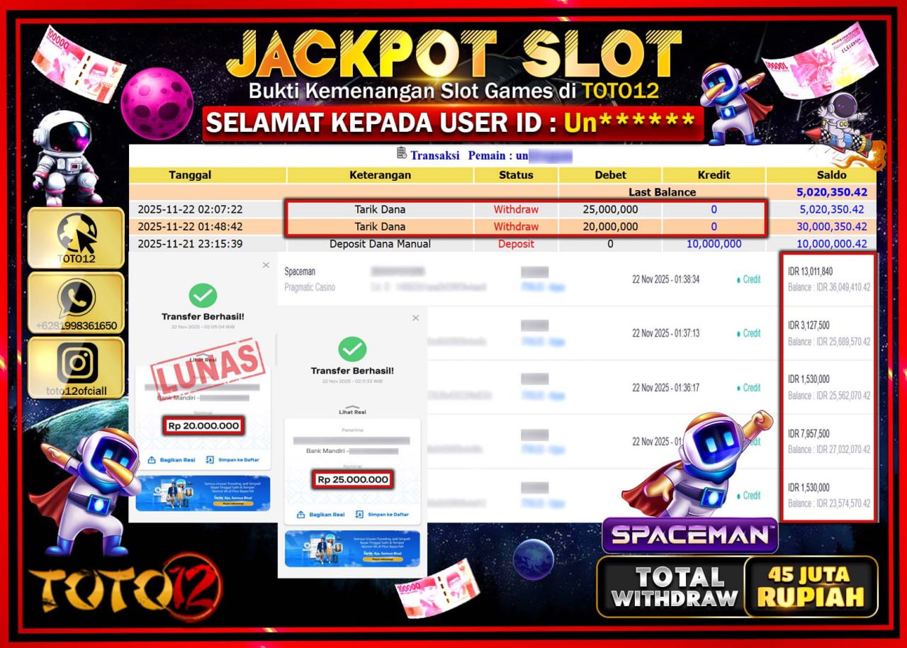 HANYA DI TOTO12 JP PASTI DI BAYAR LUNAS DAN CEPAT!!!!!! JACKPOT SLOT GAME (SPACEMAN) Rp.45.000.000 !!!!