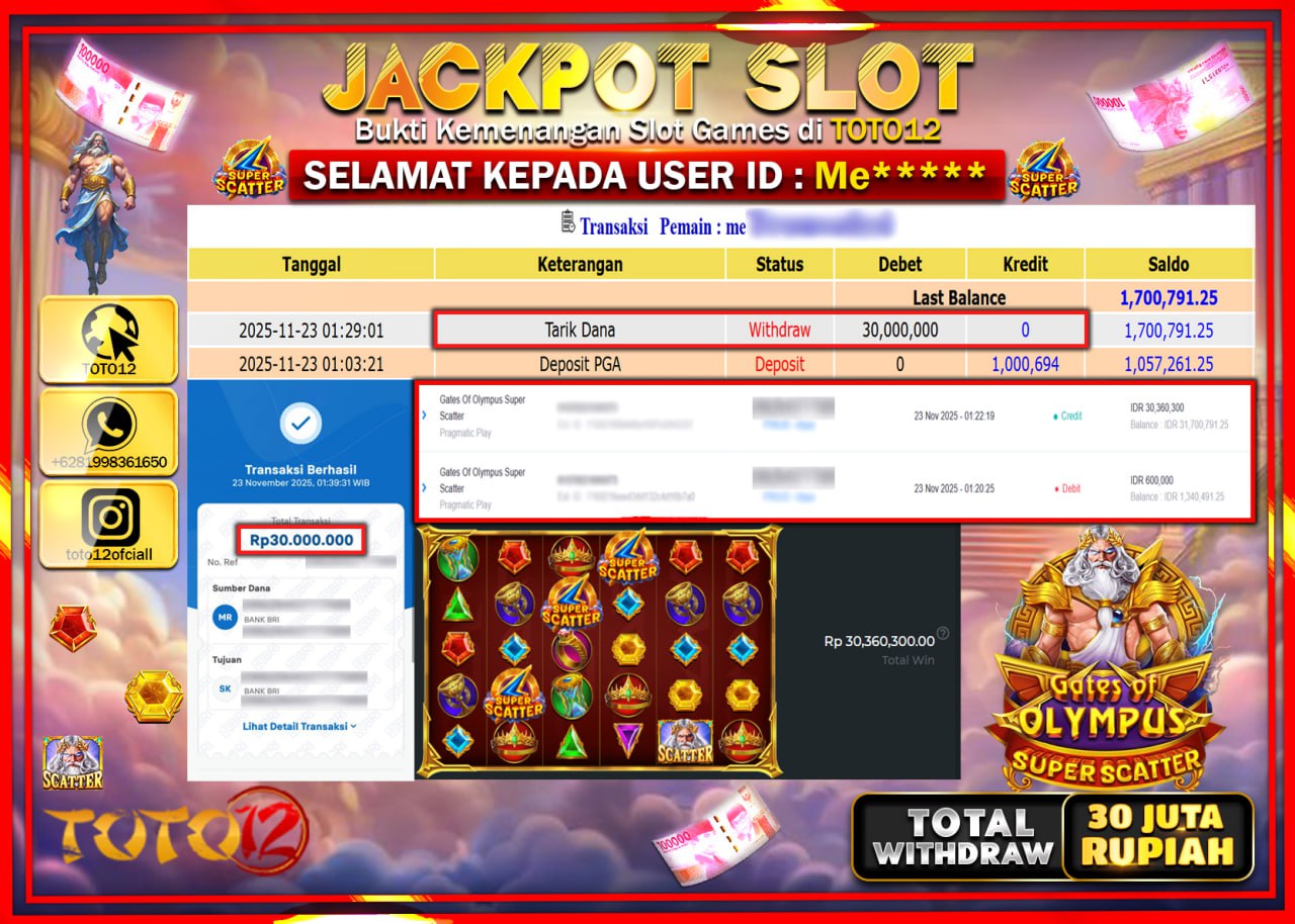 HANYA DI TOTO12 JP PASTI DI BAYAR LUNAS DAN CEPAT!!!!!! JACKPOT SLOT GAME (GATES OF OLYMPUS SUPER SCATTER) Rp.30.000.000 !!!!