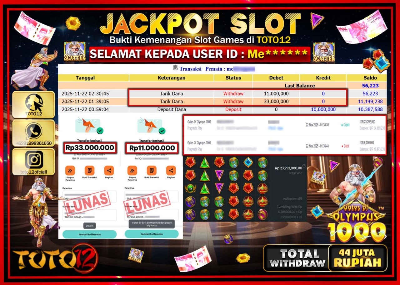 HANYA DI TOTO12 JP PASTI DI BAYAR LUNAS DAN CEPAT!!!!!! JACKPOT SLOT GAME (GATES OF OLYMPUS 1000) Rp.44.000.000 !!!!