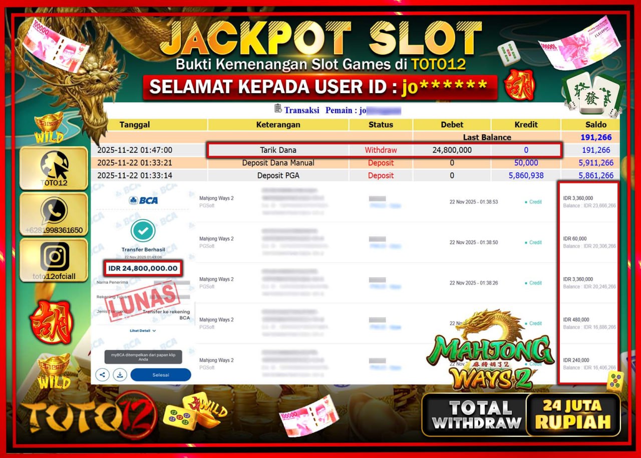 HANYA DI TOTO12 JP PASTI DI BAYAR LUNAS DAN CEPAT!!!!!! JACKPOT SLOT GAME (MAHJONG WAYS 2) Rp.24.800.000 !!!!