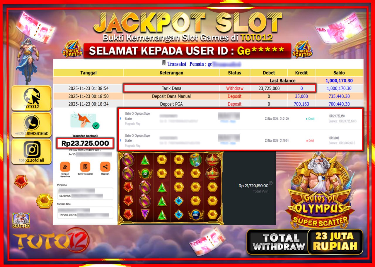 HANYA DI TOTO12 JP PASTI DI BAYAR LUNAS DAN CEPAT!!!!!! JACKPOT SLOT GAME (GATES OF OLYMPUS SUPER SCATTER) Rp.23.725.000 !!!!