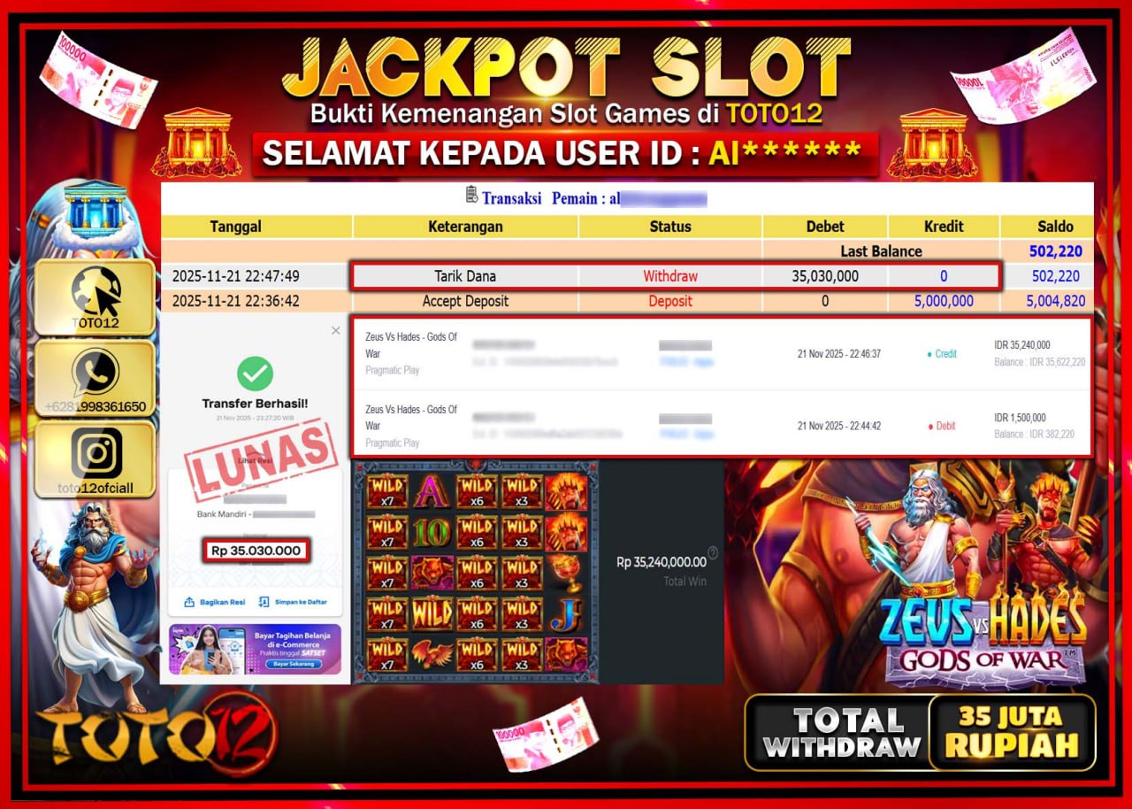 HANYA DI TOTO12 JP PASTI DI BAYAR LUNAS DAN CEPAT!!!!!! JACKPOT SLOT GAME (ZEUS VS HADES GOLDS OF WAR) Rp.35.030.000 !!!!