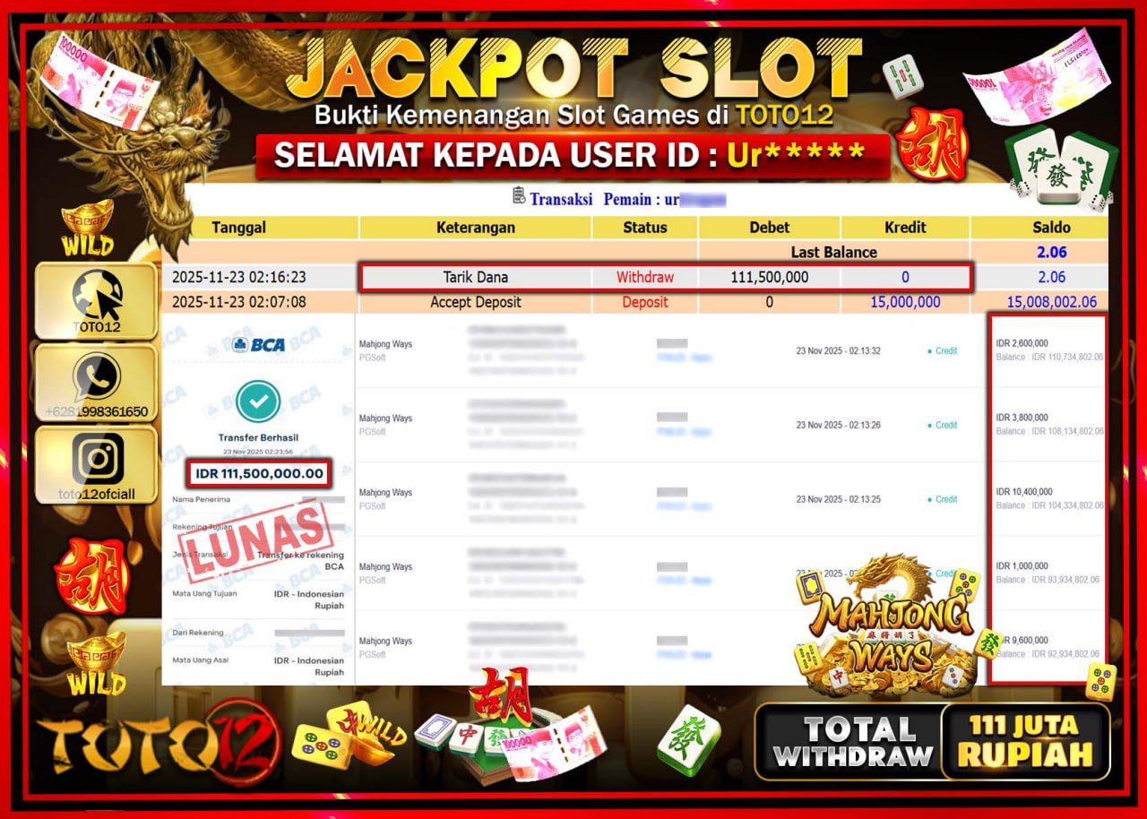 HANYA DI TOTO12 JP PASTI DI BAYAR LUNAS DAN CEPAT!!!!!! JACKPOT SLOT GAME (MAHJONG WAYS) Rp.111.500.000 !!!!