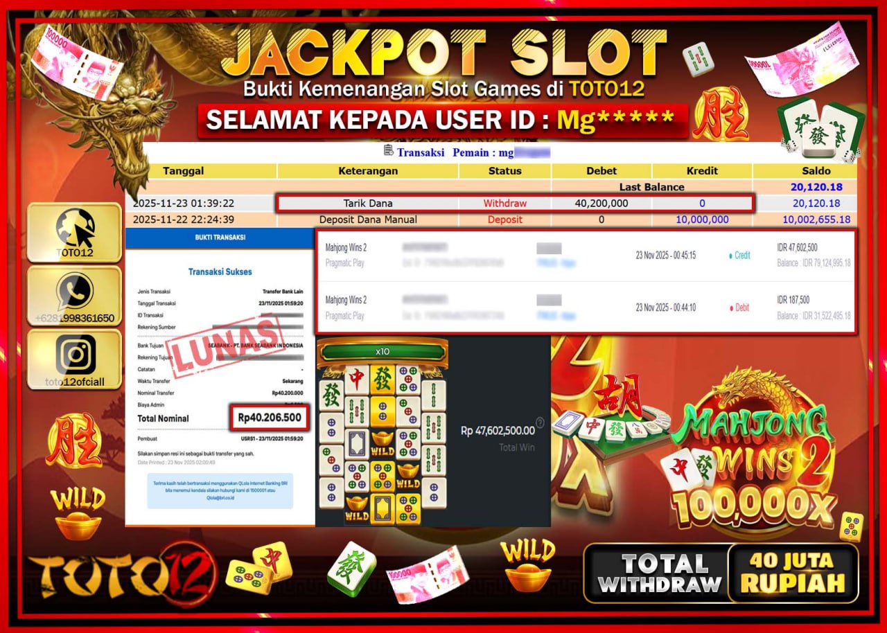 HANYA DI TOTO12 JP PASTI DI BAYAR LUNAS DAN CEPAT!!!!!! JACKPOT SLOT GAME (MAHJONG WINS 2) Rp.40.200.000 !!!!