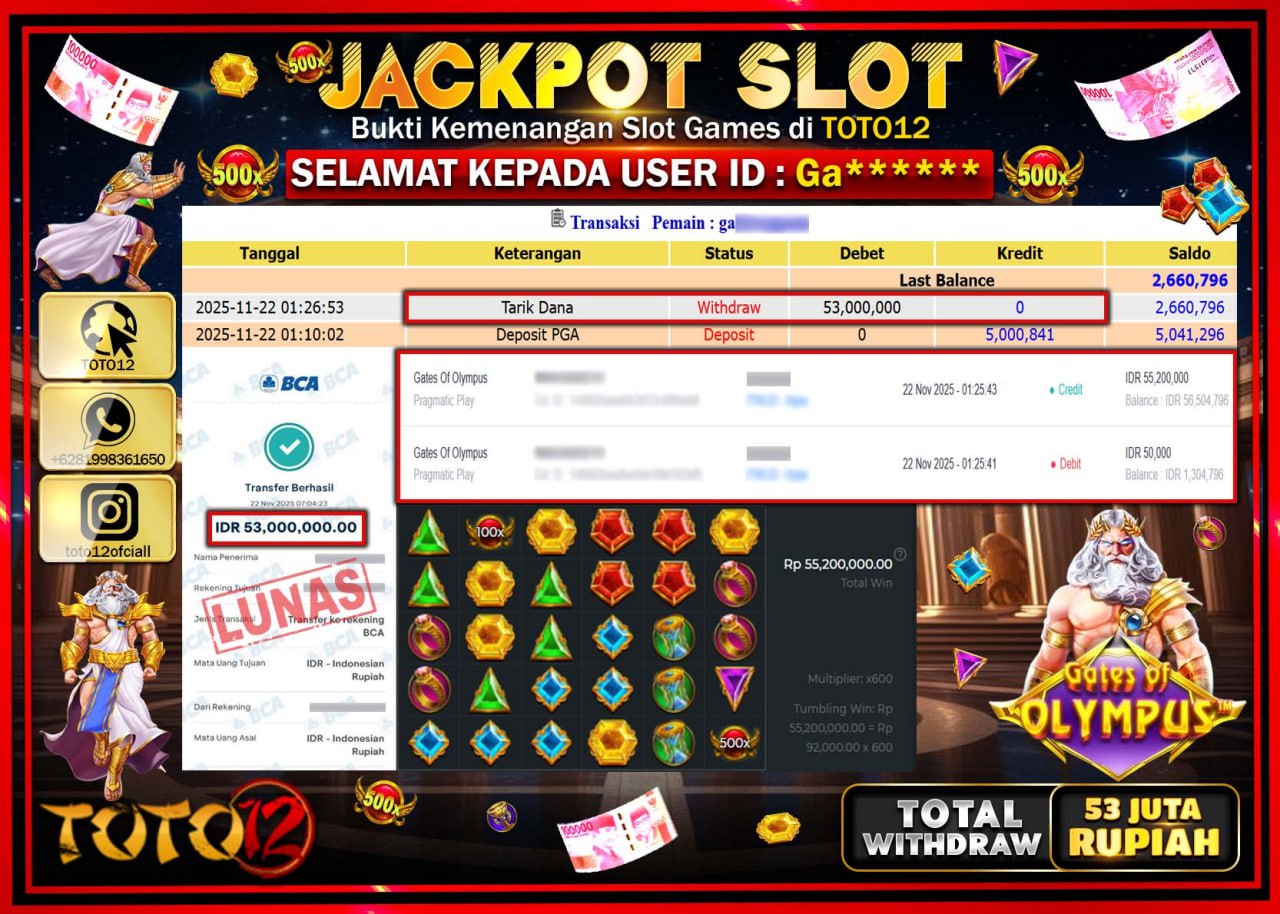 HANYA DI TOTO12 JP PASTI DI BAYAR LUNAS DAN CEPAT!!!!!! JACKPOT SLOT GAME (GATES OF OLYMPUS) Rp.53.000.000 !!!!