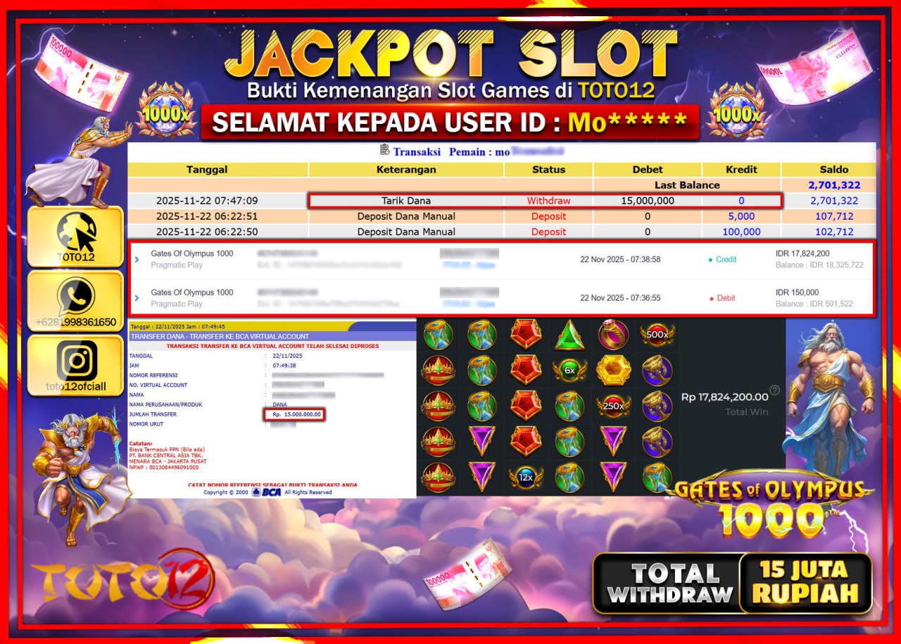 HANYA DI TOTO12 JP PASTI DI BAYAR LUNAS DAN CEPAT!!!!!! JACKPOT SLOT GAME (GATES OF OLYMPUS 1000) Rp.15.000.000 !!!!