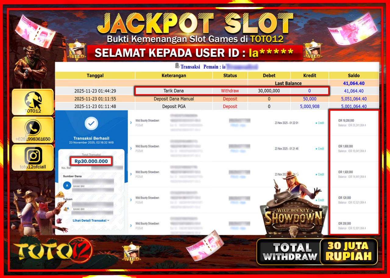 HANYA DI TOTO12 JP PASTI DI BAYAR LUNAS DAN CEPAT!!!!!! JACKPOT SLOT GAME (WILD BOUNTY SHOWDOWN) Rp.30.000.000 !!!!