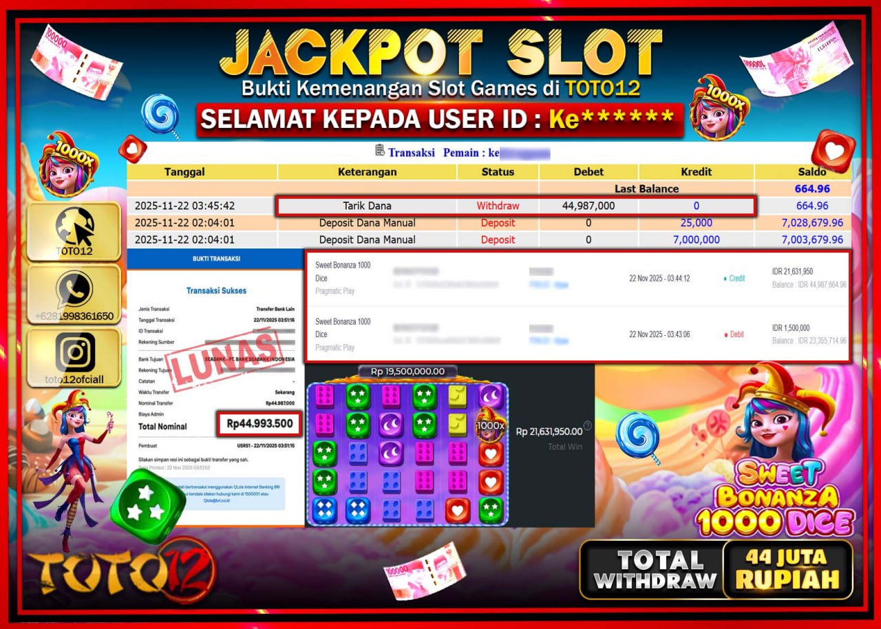 HANYA DI TOTO12 JP PASTI DI BAYAR LUNAS DAN CEPAT!!!!!! JACKPOT SLOT GAME (SWEET BONANZA 1000 DICE) Rp.44.987.000 !!!!