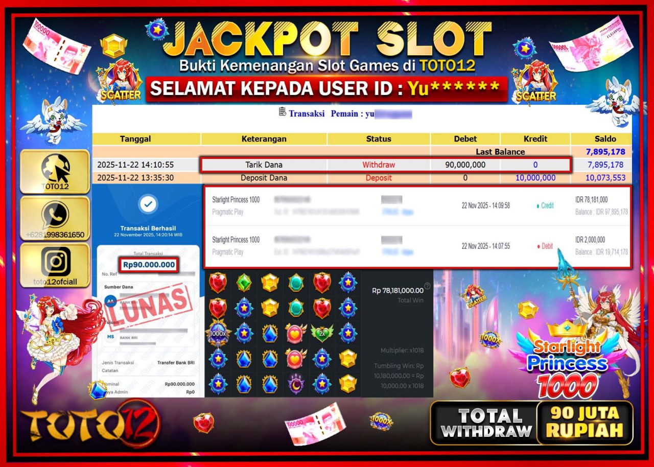 HANYA DI TOTO12 JP PASTI DI BAYAR LUNAS DAN CEPAT!!!!!! JACKPOT SLOT GAME (STARLIGHT PRINCESS 1000) Rp.90.000.000 !!!!