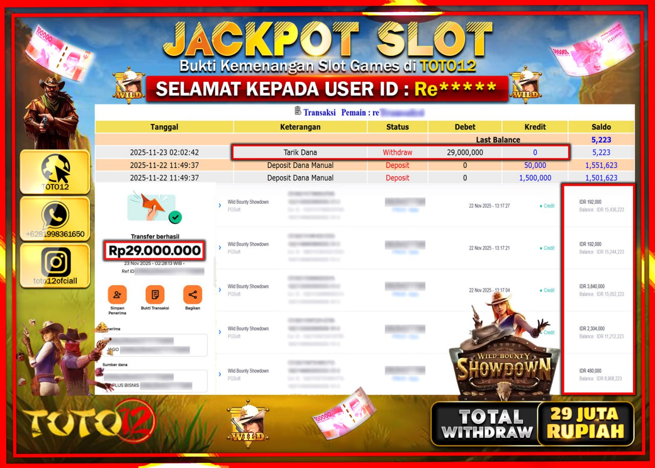 HANYA DI TOTO12 JP PASTI DI BAYAR LUNAS DAN CEPAT!!!!!! JACKPOT SLOT GAME (WILD BOUNTY SHOWDOWN) Rp.29.000.000 !!!!