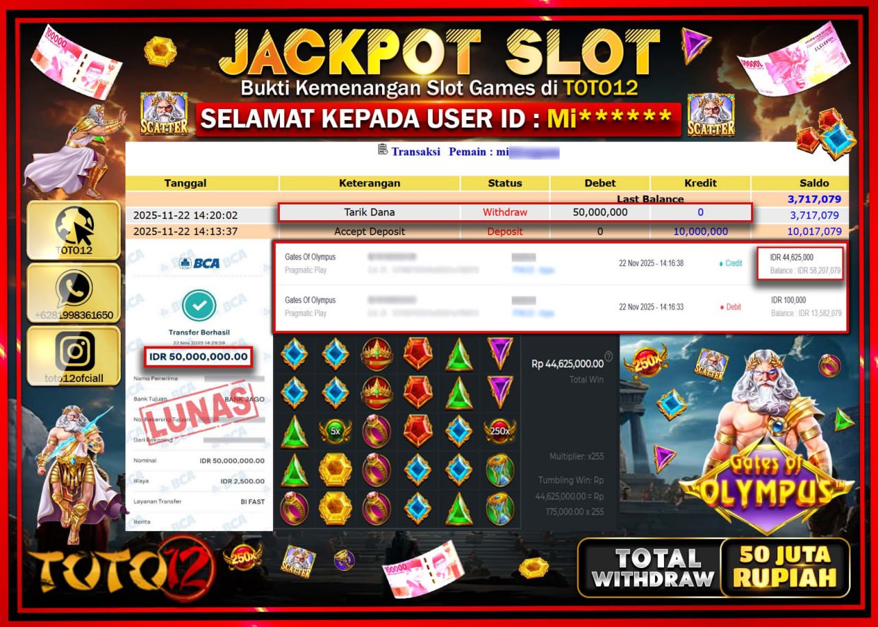 HANYA DI TOTO12 JP PASTI DI BAYAR LUNAS DAN CEPAT!!!!!! JACKPOT SLOT GAME (GATES OF OLYMPUS) Rp.50.000.000 !!!!