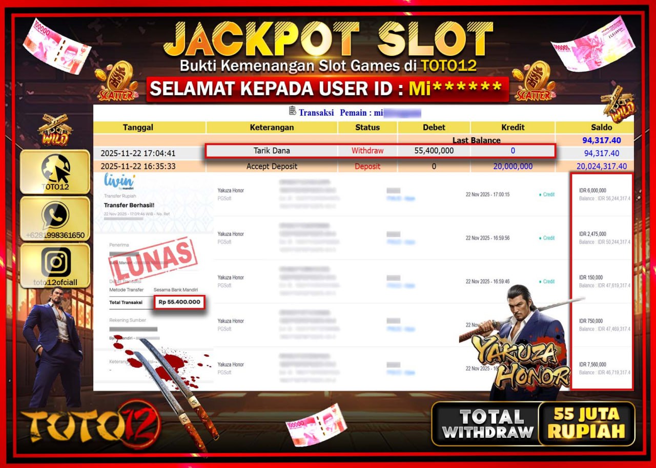 HANYA DI TOTO12 JP PASTI DI BAYAR LUNAS DAN CEPAT!!!!!! JACKPOT SLOT GAME (YAKUZA HONOR) Rp.55.400.000 !!!!