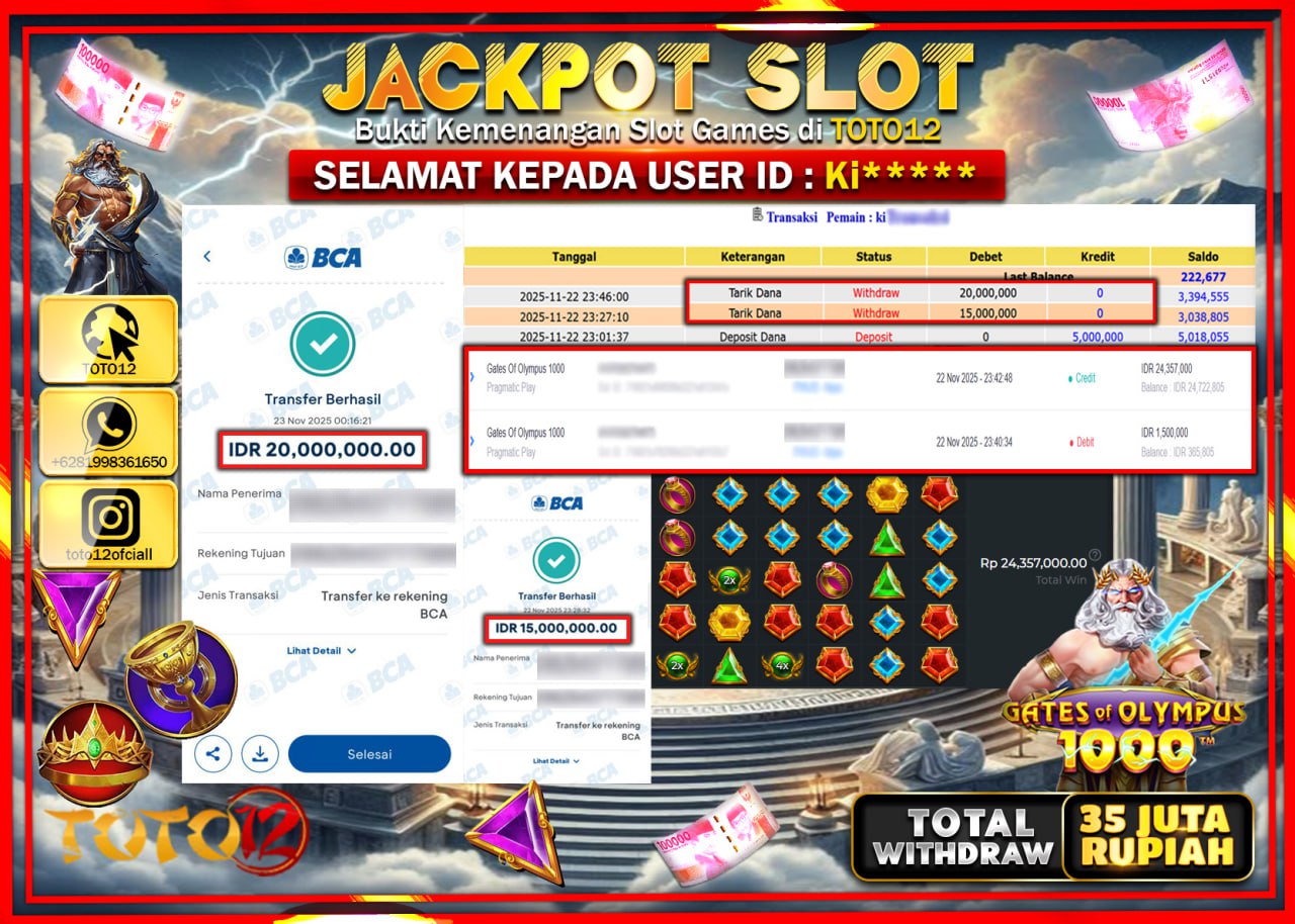 HANYA DI TOTO12 JP PASTI DI BAYAR LUNAS DAN CEPAT!!!!!! JACKPOT SLOT GAME (GATES OF OLYMPUS 1000) Rp.35.000.000 !!!!
