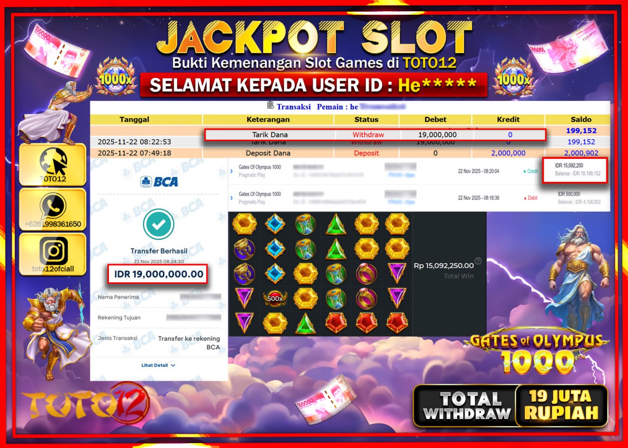 HANYA DI TOTO12 JP PASTI DI BAYAR LUNAS DAN CEPAT!!!!!! JACKPOT SLOT GAME (GATES OF OLYMPUS 1000) Rp.19.000.000 !!!!
