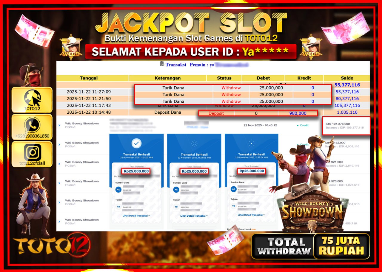 HANYA DI TOTO12 JP PASTI DI BAYAR LUNAS DAN CEPAT!!!!!! JACKPOT SLOT GAME (WILD BOUNTY SHOWDOWN) Rp.75.000.000 !!!!