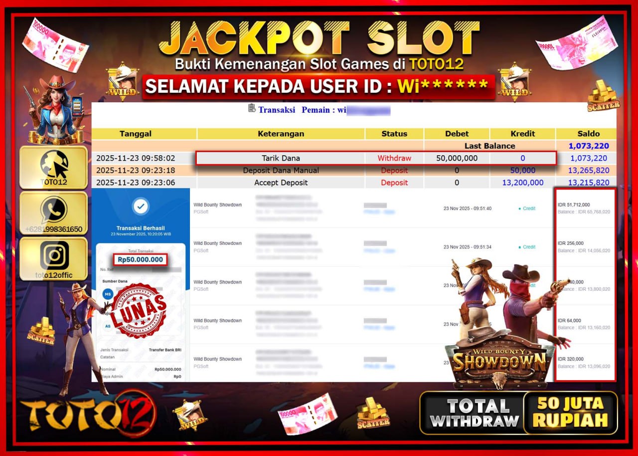 HANYA DI TOTO12 JP PASTI DI BAYAR LUNAS DAN CEPAT!!!!!! JACKPOT SLOT GAME (WILD BOUNTY SHOWDOWN) Rp.50.000.000 !!!!