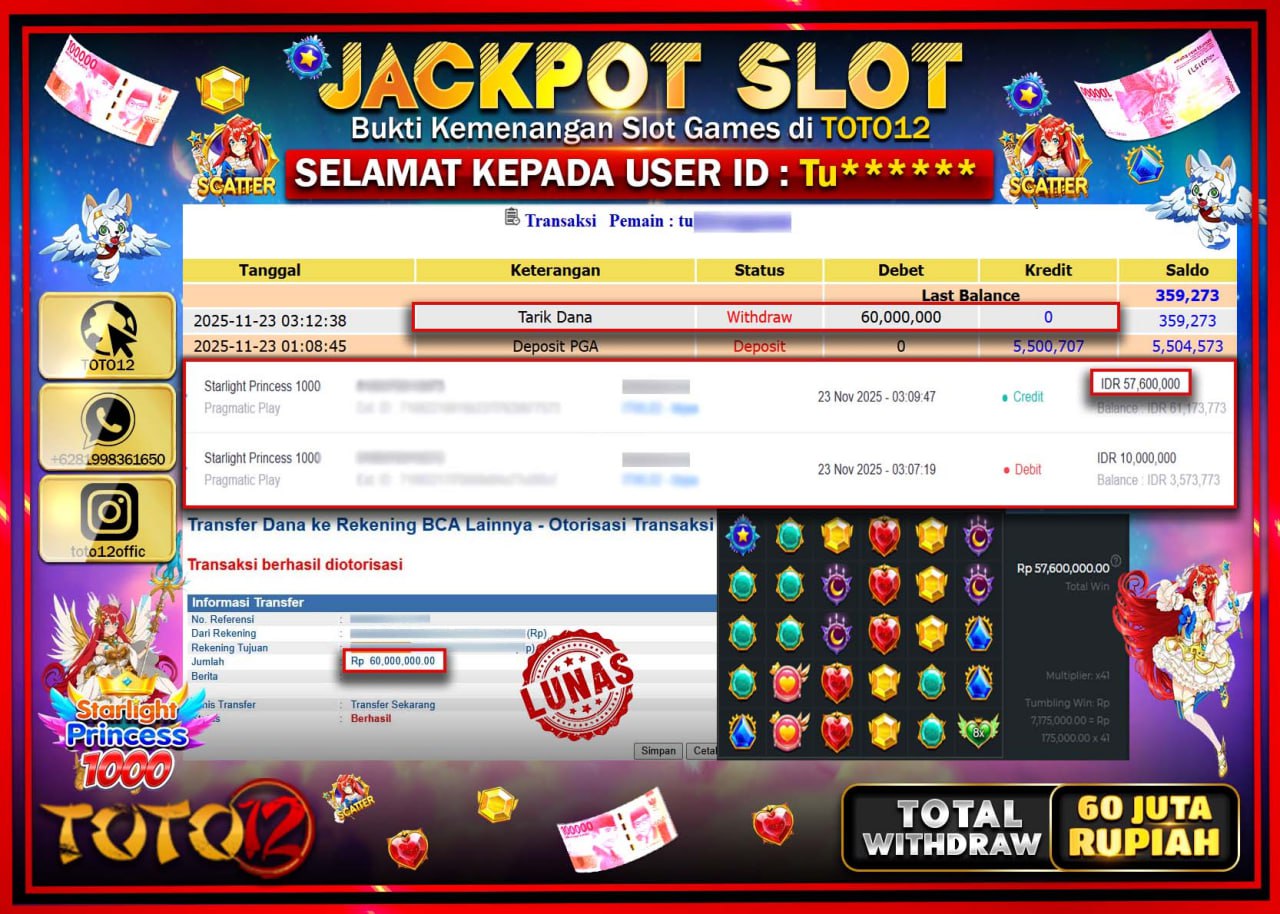 HANYA DI TOTO12 JP PASTI DI BAYAR LUNAS DAN CEPAT!!!!!! JACKPOT SLOT GAME (STARLIGHT PRINCESS 1000) Rp.60.000.000 !!!!