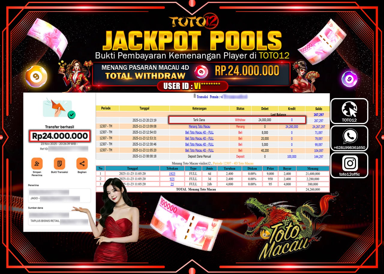 HANYA DI TOTO12 JP PASTI DI BAYAR LUNAS DAN CEPAT!!!!!! JACKPOT POOLS PASARAN (MACAU 4D) Rp.24.000.000 !!!!