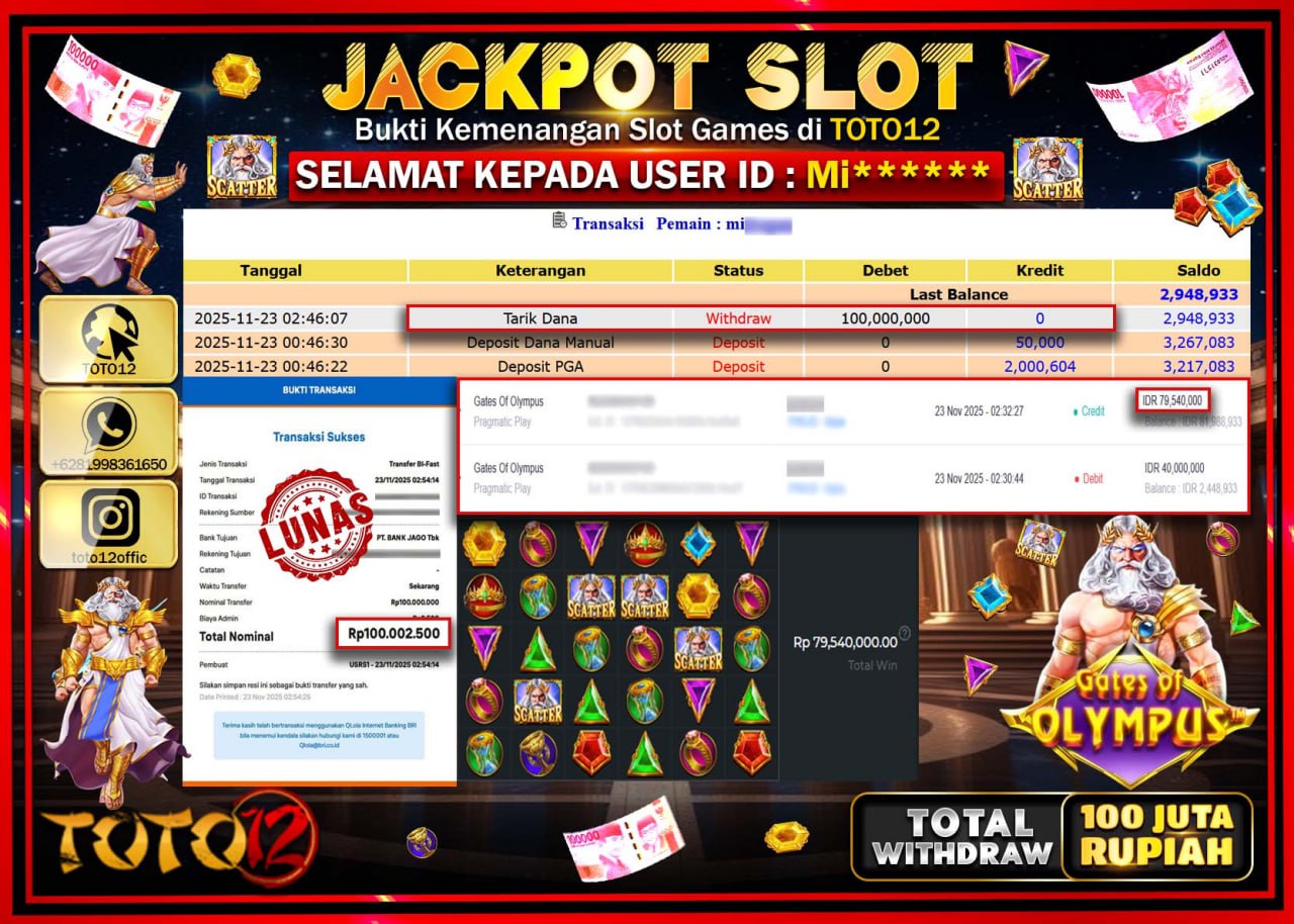 HANYA DI TOTO12 JP PASTI DI BAYAR LUNAS DAN CEPAT!!!!!! JACKPOT SLOT GAME (GATES OF OLYMPUS) Rp.100.000.000 !!!!