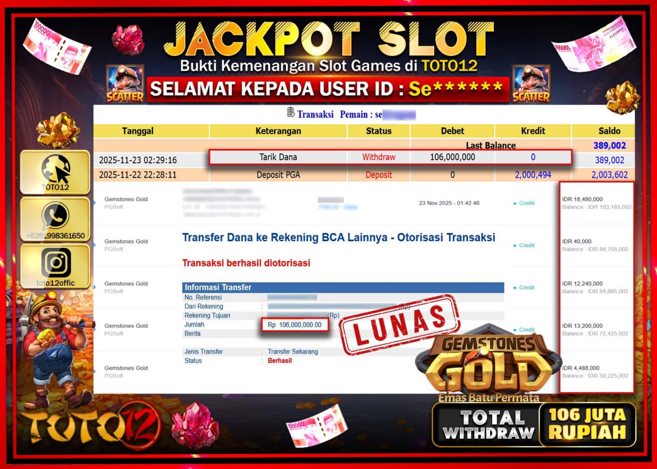 HANYA DI TOTO12 JP PASTI DI BAYAR LUNAS DAN CEPAT!!!!!! JACKPOT SLOT GAME (GEMSTONES GOLD) Rp.106.000.000 !!!!