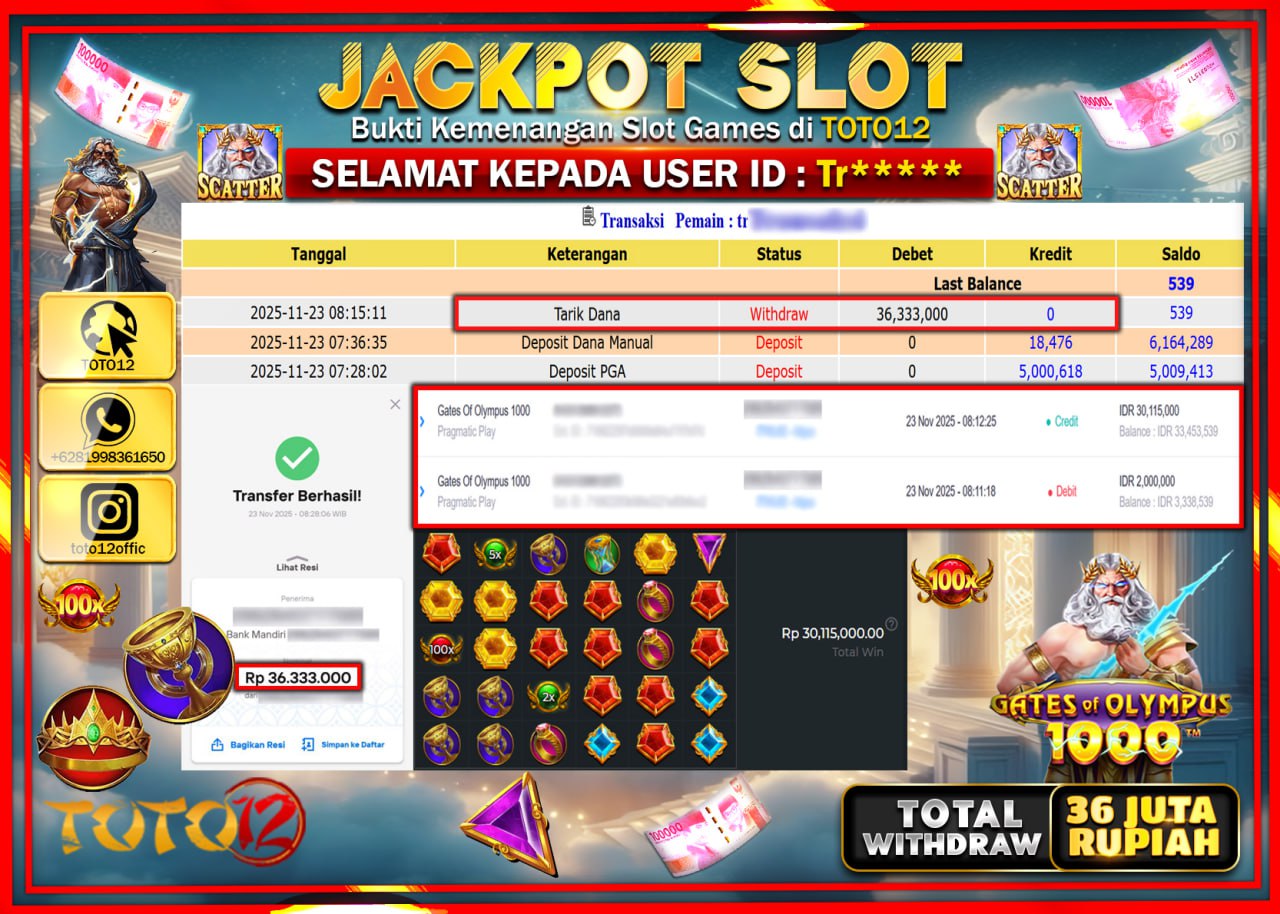 HANYA DI TOTO12 JP PASTI DI BAYAR LUNAS DAN CEPAT!!!!!! JACKPOT SLOT GAME (GATES OF OLYMPUS 1000) Rp.36.333.000 !!!!