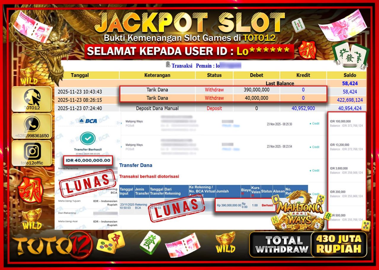 HANYA DI TOTO12 JP PASTI DI BAYAR LUNAS DAN CEPAT!!!!!! JACKPOT SLOT GAME (MAHJONG WAYS) Rp.430.000.000 !!!!