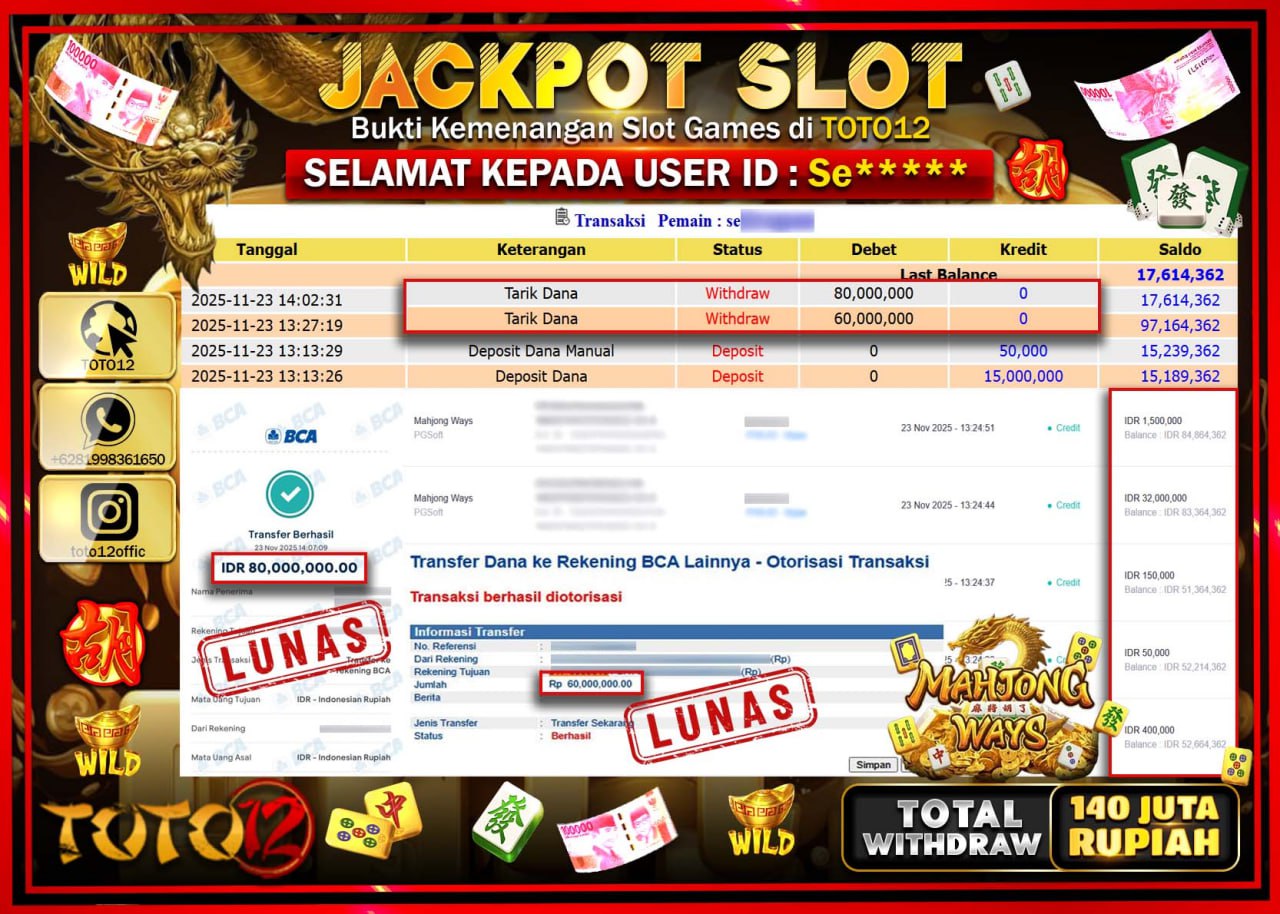 HANYA DI TOTO12 JP PASTI DI BAYAR LUNAS DAN CEPAT!!!!!! JACKPOT SLOT GAME (MAHJONG WAYS) Rp.140.000.000 !!!!