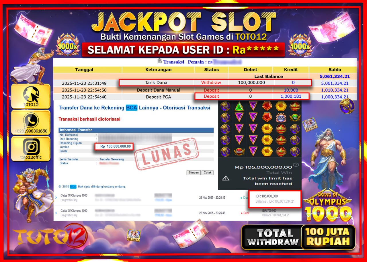 HANYA DI TOTO12 JP PASTI DI BAYAR LUNAS DAN CEPAT!!!!!! JACKPOT SLOT GAME (GATES OF OLYMPUS 1000) Rp.100.000.000 !!!!