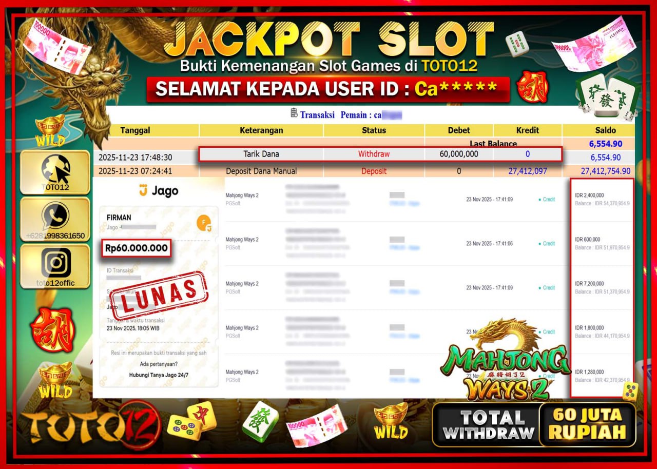 HANYA DI TOTO12 JP PASTI DI BAYAR LUNAS DAN CEPAT!!!!!! JACKPOT SLOT GAME (MAHJONG WAYS 2) Rp.60.000.000 !!!!