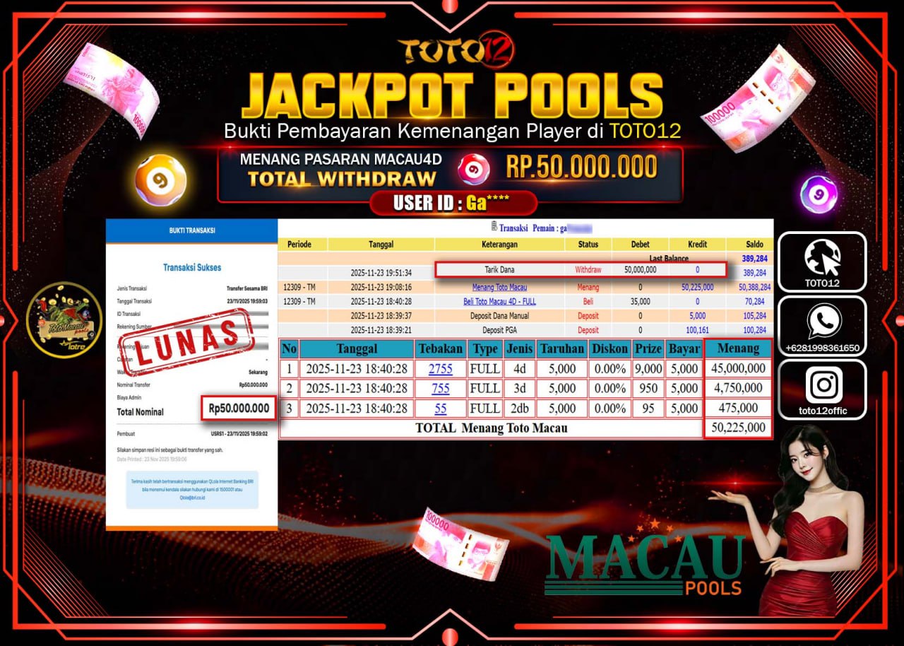 HANYA DI TOTO12 JP PASTI DI BAYAR LUNAS DAN CEPAT!!!!!! JACKPOT POOLS PASARAN (MACAU 4D) Rp.50.000.000 !!!!