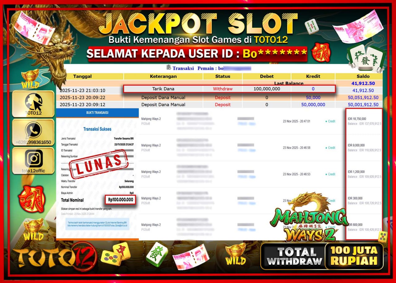 HANYA DI TOTO12 JP PASTI DI BAYAR LUNAS DAN CEPAT!!!!!! JACKPOT SLOT GAME (MAHJONG WAYS 2) Rp.100.000.000 !!!!