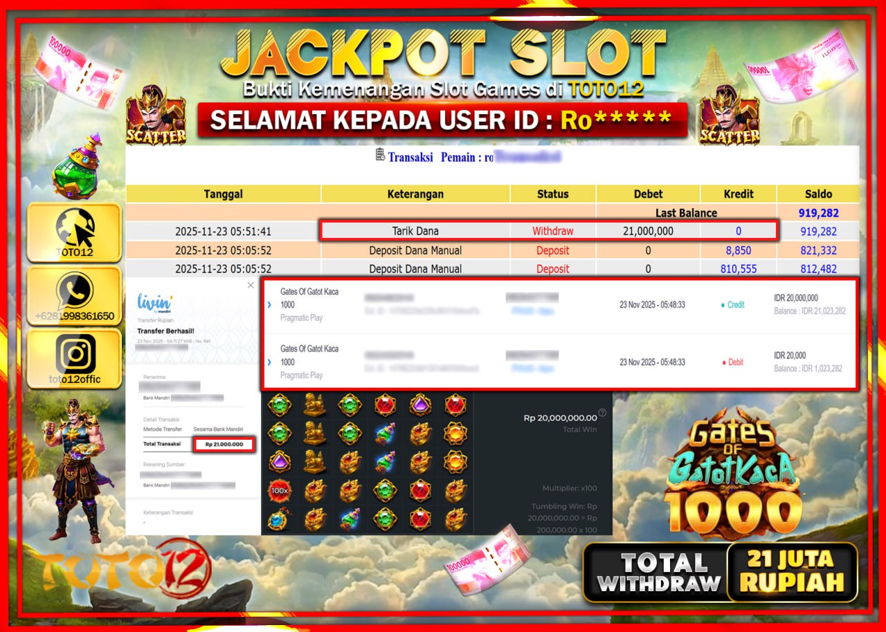 HANYA DI TOTO12 JP PASTI DI BAYAR LUNAS DAN CEPAT!!!!!! JACKPOT SLOT GAME (GATES OF GATOT KACA 1000) Rp.21.000.000 !!!!