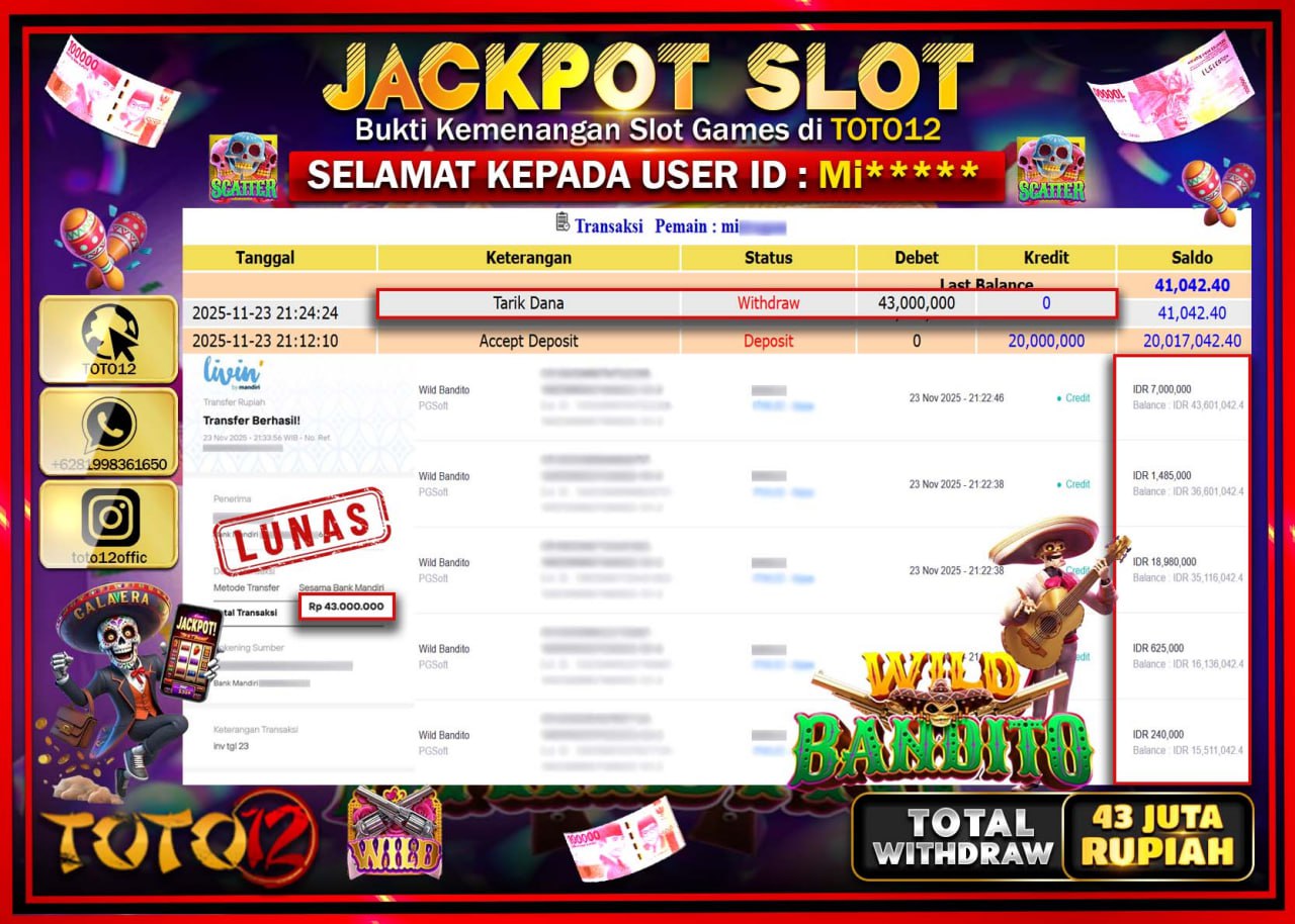 HANYA DI TOTO12 JP PASTI DI BAYAR LUNAS DAN CEPAT!!!!!! JACKPOT SLOT GAME (WILD BANDITO) Rp.43.000.000 !!!!