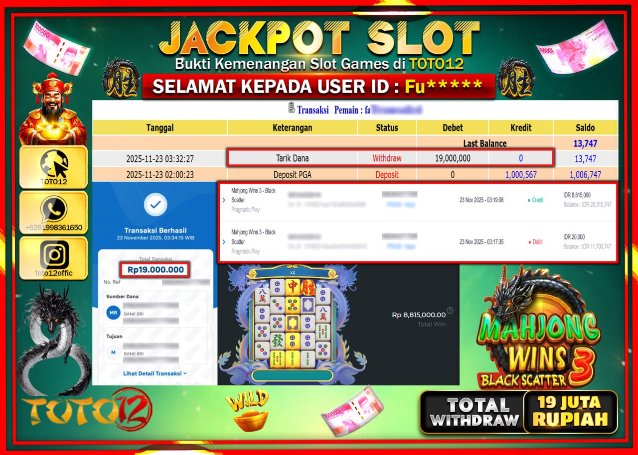 HANYA DI TOTO12 JP PASTI DI BAYAR LUNAS DAN CEPAT!!!!!! JACKPOT SLOT GAME (MAHJONG WINS 3 BLACK SCATTER) Rp.19.000.000 !!!!