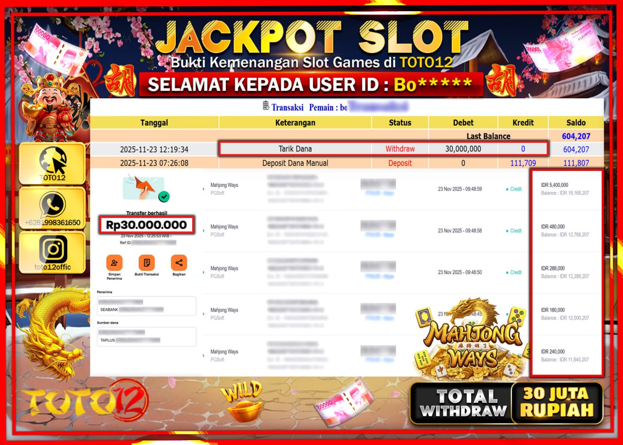 HANYA DI TOTO12 JP PASTI DI BAYAR LUNAS DAN CEPAT!!!!!! JACKPOT SLOT GAME (MAHJONG WAYS) Rp.30.000.000 !!!!
