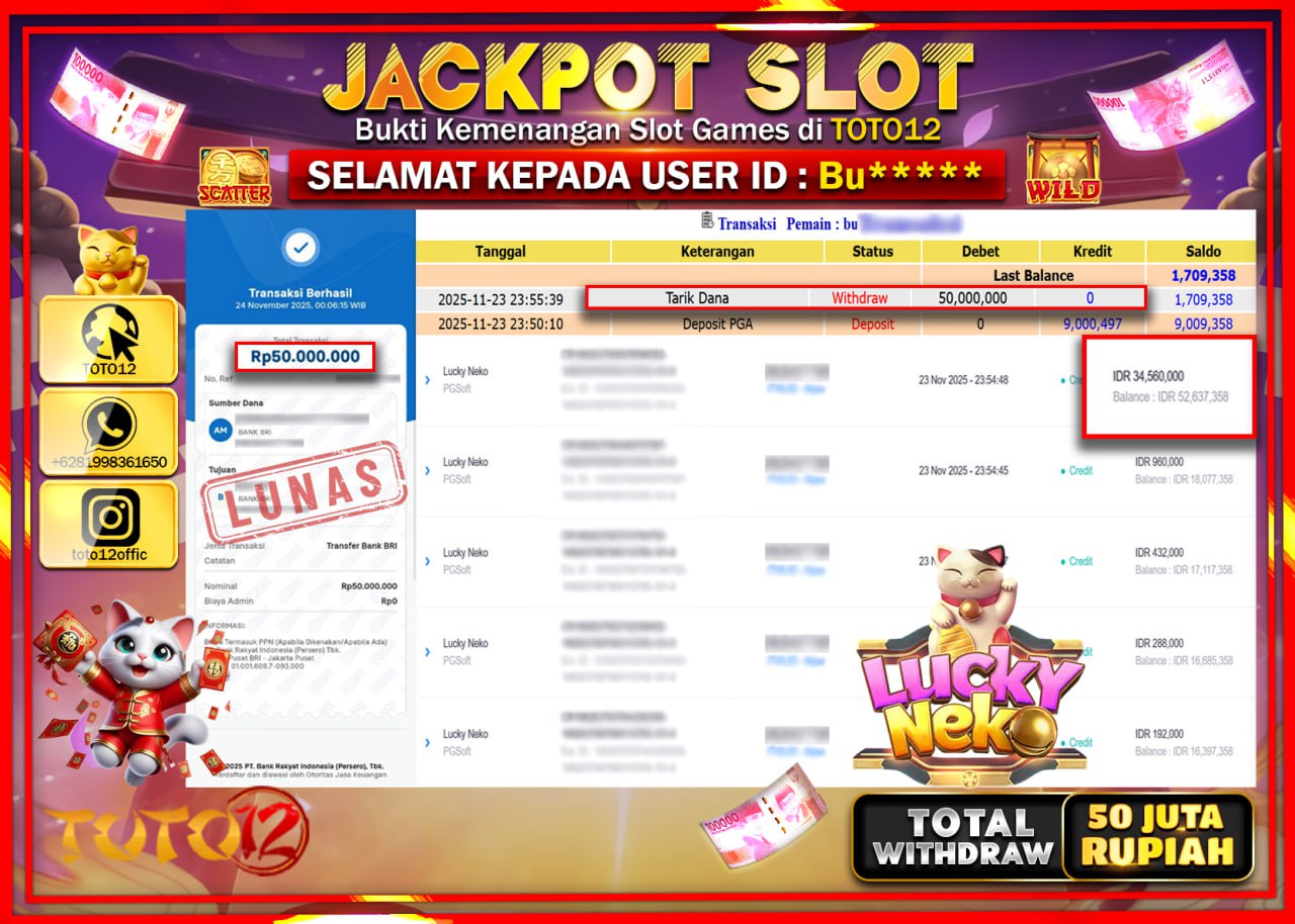 HANYA DI TOTO12 JP PASTI DI BAYAR LUNAS DAN CEPAT!!!!!! JACKPOT SLOT GAME (LUCKY NEKO) Rp.50.000.000 !!!!