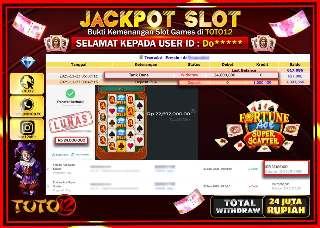 HANYA DI TOTO12 JP PASTI DI BAYAR LUNAS DAN CEPAT!!!!!! JACKPOT SLOT GAME (FORTUNE ACE SUPER SCATTER) Rp.24.000.000 !!!!
